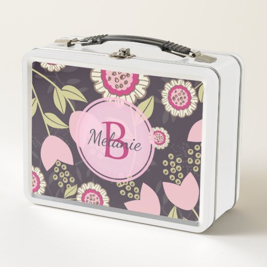Modern Big Pink Floral Tulip Muster Monogramm Metall Brotdose (Vorderseite)