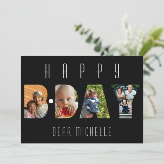 Modern Birthday 4 Foto Collage Personalisiert Card (Stehend Vorderseite)