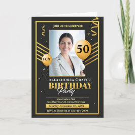 Modern Birthday Gold Black 50. Foto Party Karte
