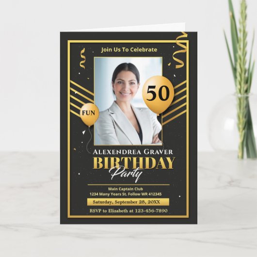 Modern Birthday Gold Black 50. Foto Party Karte (Vorderseite)