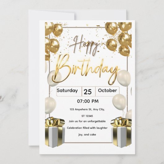 Modern Birthday Invitation Card with Golden Balloo Einladung (Vorderseite)