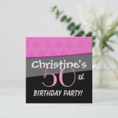 Modern Birthday Pink und Black Blume Star Muster Einladung (Stehend Vorderseite)