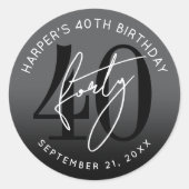 Modern Black 40th Birthday Party Runder Aufkleber (Vorderseite)