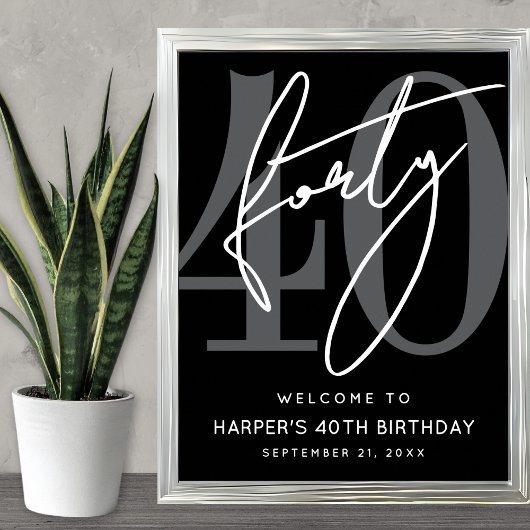 Modern Black 40th Birthday Party Welcome Sign Poster