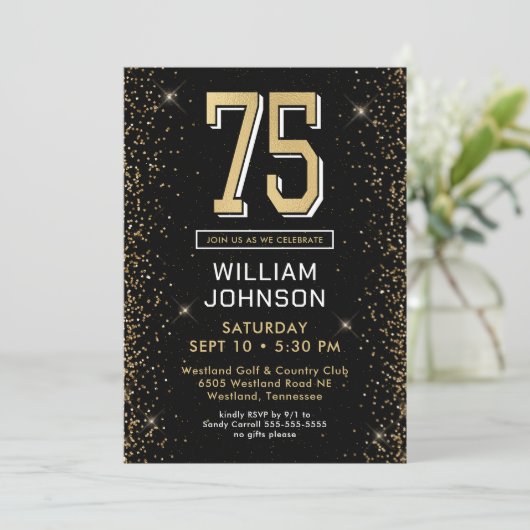 Modern Black 75. Geburtstag Einladung (Stehend Vorderseite)