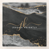 Modern Black Agate Gold Glitzer Script Monogram Glasuntersetzer (Vorderseite)