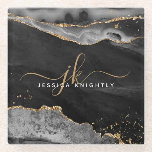 Modern Black Agate Gold Glitzer Script Monogram Glasuntersetzer (Vorderseite)