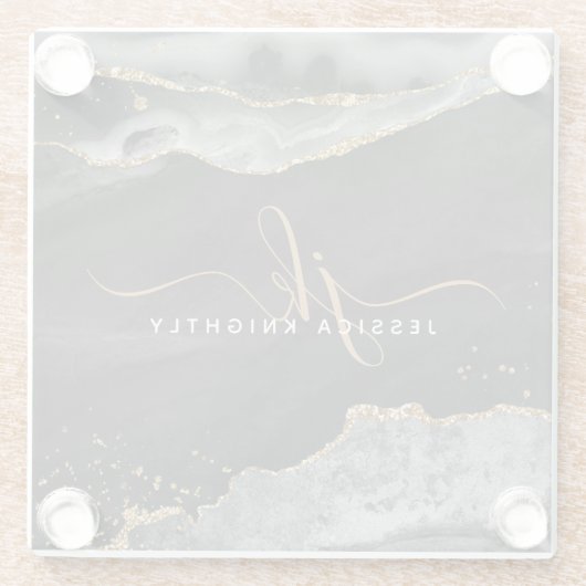 Modern Black Agate Gold Glitzer Script Monogram Glasuntersetzer (Rückseite)