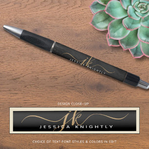 Modern Black Agate Gold Glitzer Script Monogram Kugelschreiber