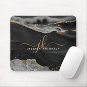 Modern Black Agate Gold Glitzer Script Monogram Mousepad (Mit Mouse)