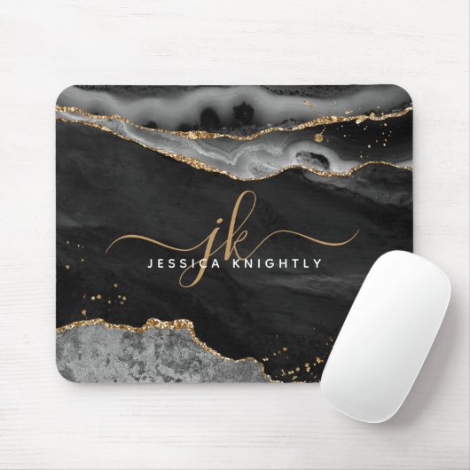 Modern Black Agate Gold Glitzer Script Monogram Mousepad (Mit Mouse)