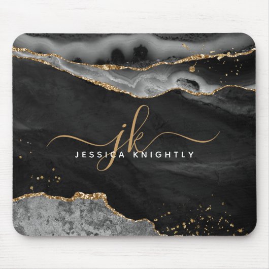 Modern Black Agate Gold Glitzer Script Monogram Mousepad (Vorne)