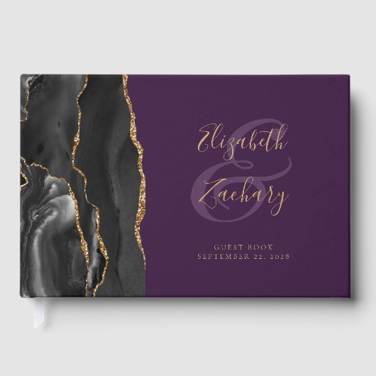 Modern Black Agate Gold Script Lila Gästebuch (Vorderseite)
