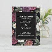 Modern Black and Burgund Peonys Save the Date (Stehend Vorderseite)