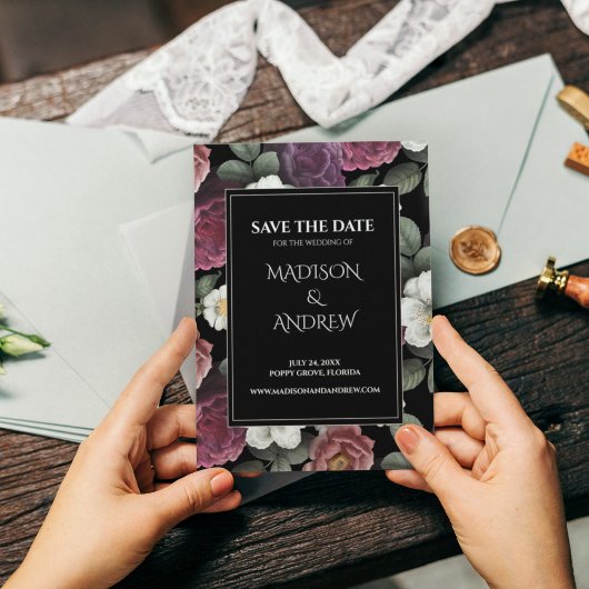 Modern Black and Burgund Peonys Save the Date