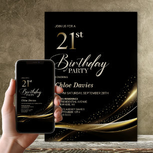Modern Black and Gold 21. Geburtstag Party Einladung