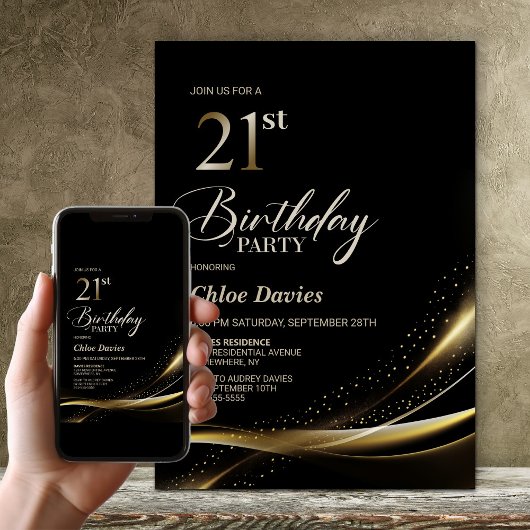 Modern Black and Gold 21. Geburtstag Party Einladung