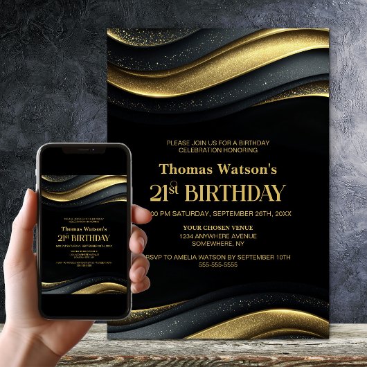 Modern Black and Gold 21st Birthday Party Einladung