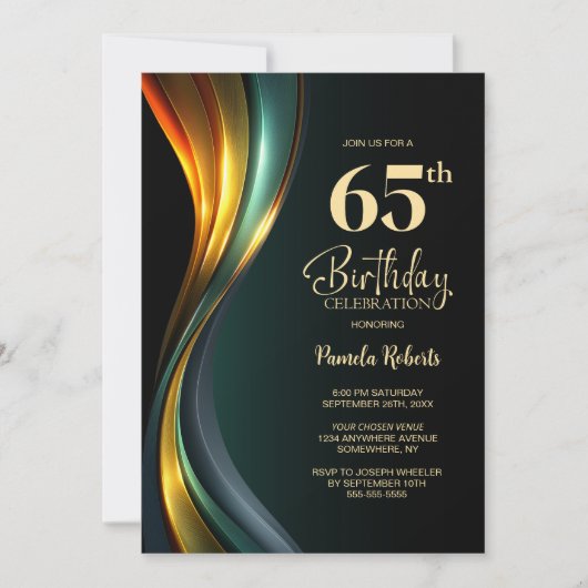 Modern Black and Gold 65th Birthday Party Einladung (Vorderseite)