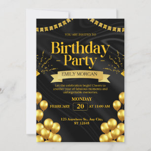 Modern Black and Gold Ballon Einladung Geburtstag