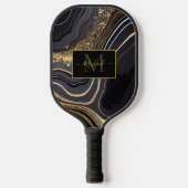 Modern Black and Gold Marbled Monogram Pickleball Schläger (Vorderseite)