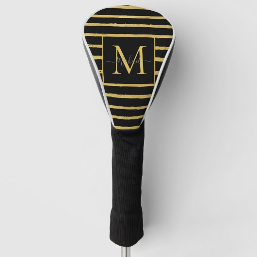 Modern Black and Gold Striped Monogram Name Golf Headcover (Vorderseite)