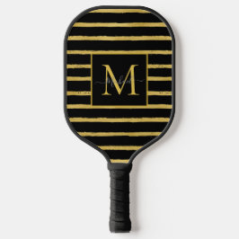 Modern Black and Gold Striped Monogram Name Pickleball Schläger