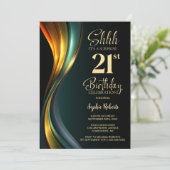 Modern Black and Gold Surprise 21st Birthday Party Einladung (Stehend Vorderseite)