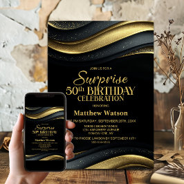 Modern Black and Gold Surprise 50th Birthday Party Einladung