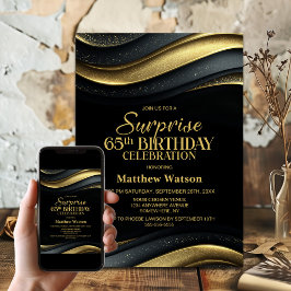 Modern Black and Gold Surprise 65th Birthday Party Einladung