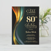 Modern Black and Gold Surprise 80th Birthday Party Einladung (Stehend Vorderseite)
