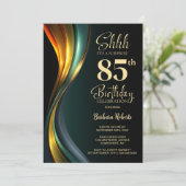 Modern Black and Gold Surprise 85th Birthday Party Einladung (Stehend Vorderseite)