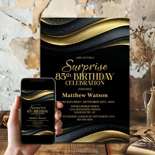 Modern Black and Gold Surprise 85th Birthday Party Einladung