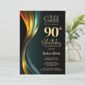 Modern Black and Gold Surprise 90th Birthday Party Einladung (Stehend Vorderseite)