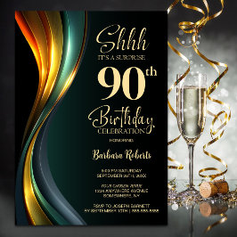 Modern Black and Gold Surprise 90th Birthday Party Einladung