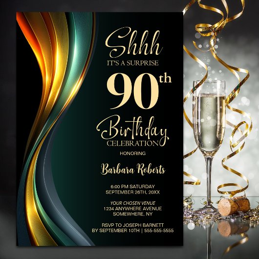 Modern Black and Gold Surprise 90th Birthday Party Einladung