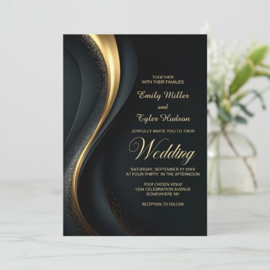 Modern Black and Gold Wedding Einladung (Stehend Vorderseite)