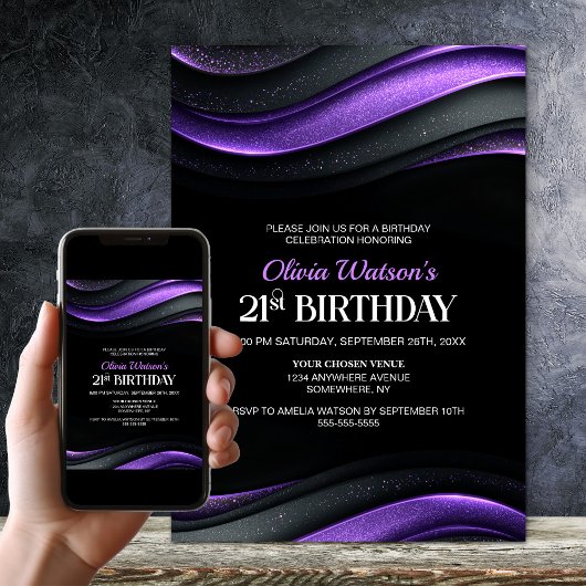 Modern Black and Purple 21st Birthday Party Einladung