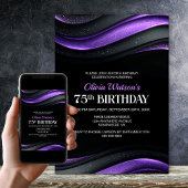 Modern Black and Purple 75th Birthday Party Einladung