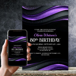 Modern Black and Purple 80th Birthday Party Einladung
