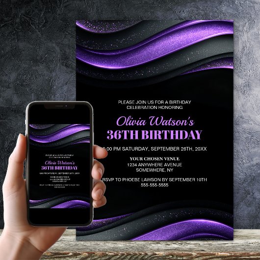 Modern Black and Purple Any Age Birthday Party Einladung