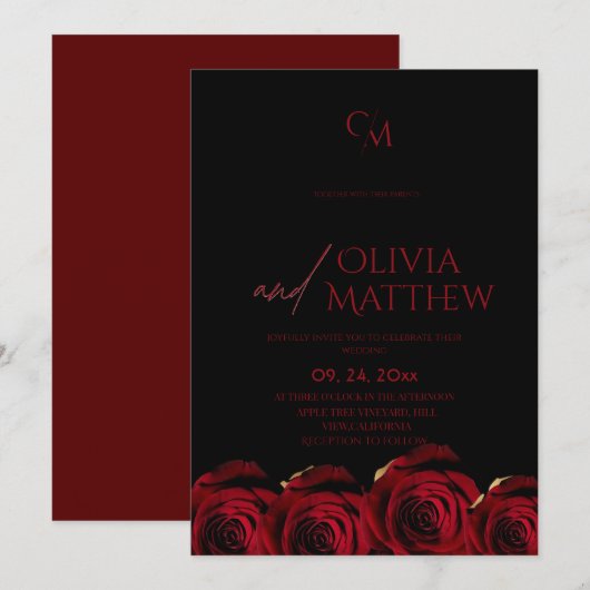 Modern Black and Red Roses Wedding Einladung (Vorne/Hinten)