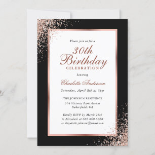 Modern Black and Rose Gold Confetti 30. Geburtstag Einladung