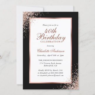 Modern Black and Rose Gold Confetti 40. Geburtstag Einladung