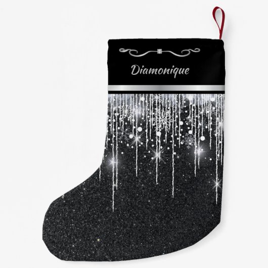 Modern Black and Silver Elegant Script Name Kleiner Weihnachtsstrumpf (Rückseite)