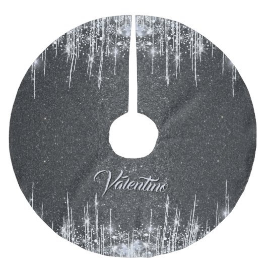 Modern Black and Silver Sparkle Family Name Polyester Weihnachtsbaumdecke (Vorderseite)