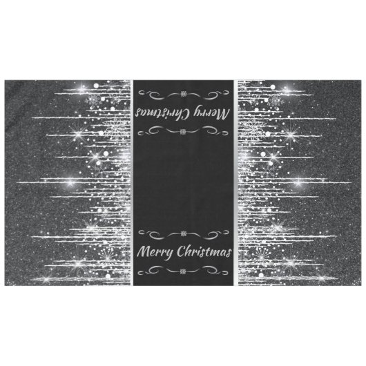 Modern Black and Silver Sparkly "Merry Christmas" Tischdecke (Vorderseite (Horizontal))