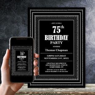 Modern Black and White Border 75. Geburtstagsparty Einladung