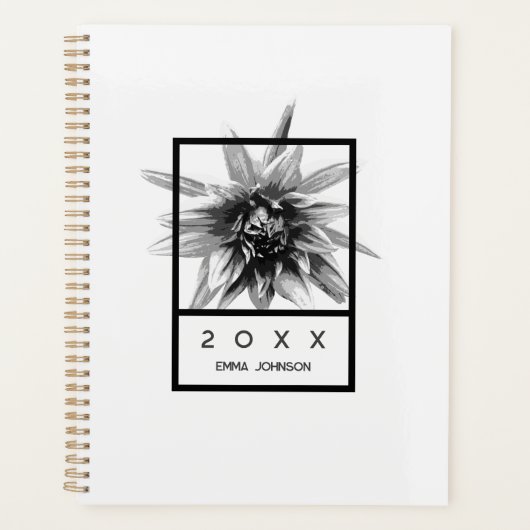Modern Black and White Floral Name 2026 Planer (Vorderseite)