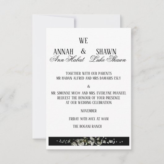 Modern Black and White Floral Wedding Invitation Einladung (Vorderseite)